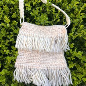 Hand Knit Fringe Boho Purse -  Creme Color - Shoulder Purse